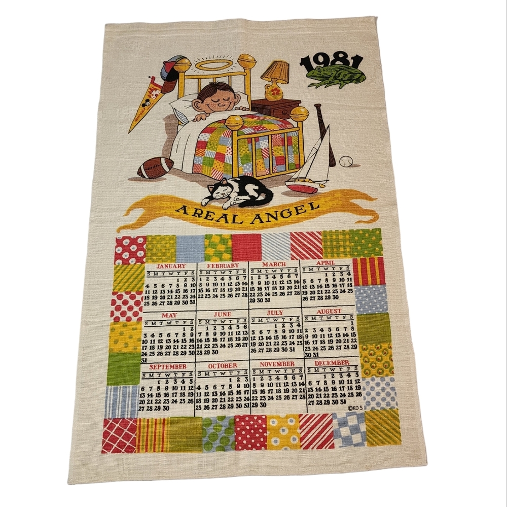 Adorable Vintage Calendar Tea Towel 1981 Pre Owned Condition